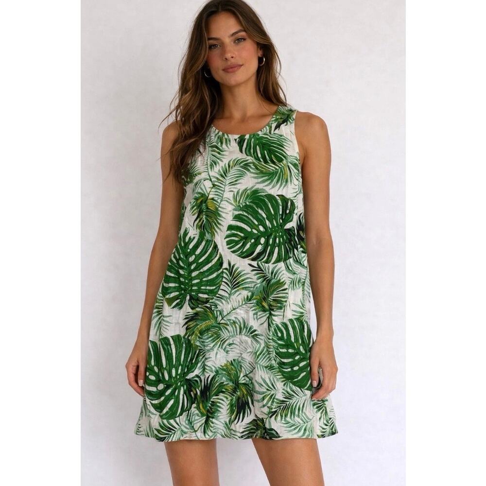 TAHARI 100% Linen Tropical Palm Leaf Shift Dress Green White Small Sleeveless
